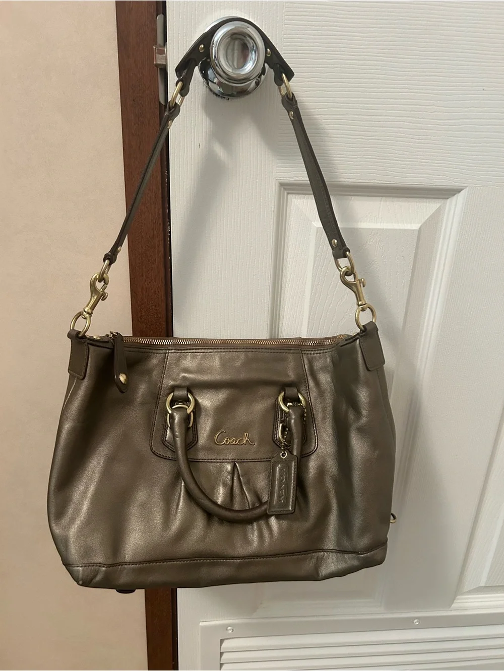 Coach Metallic Pewter Leather Satchel - Pewter